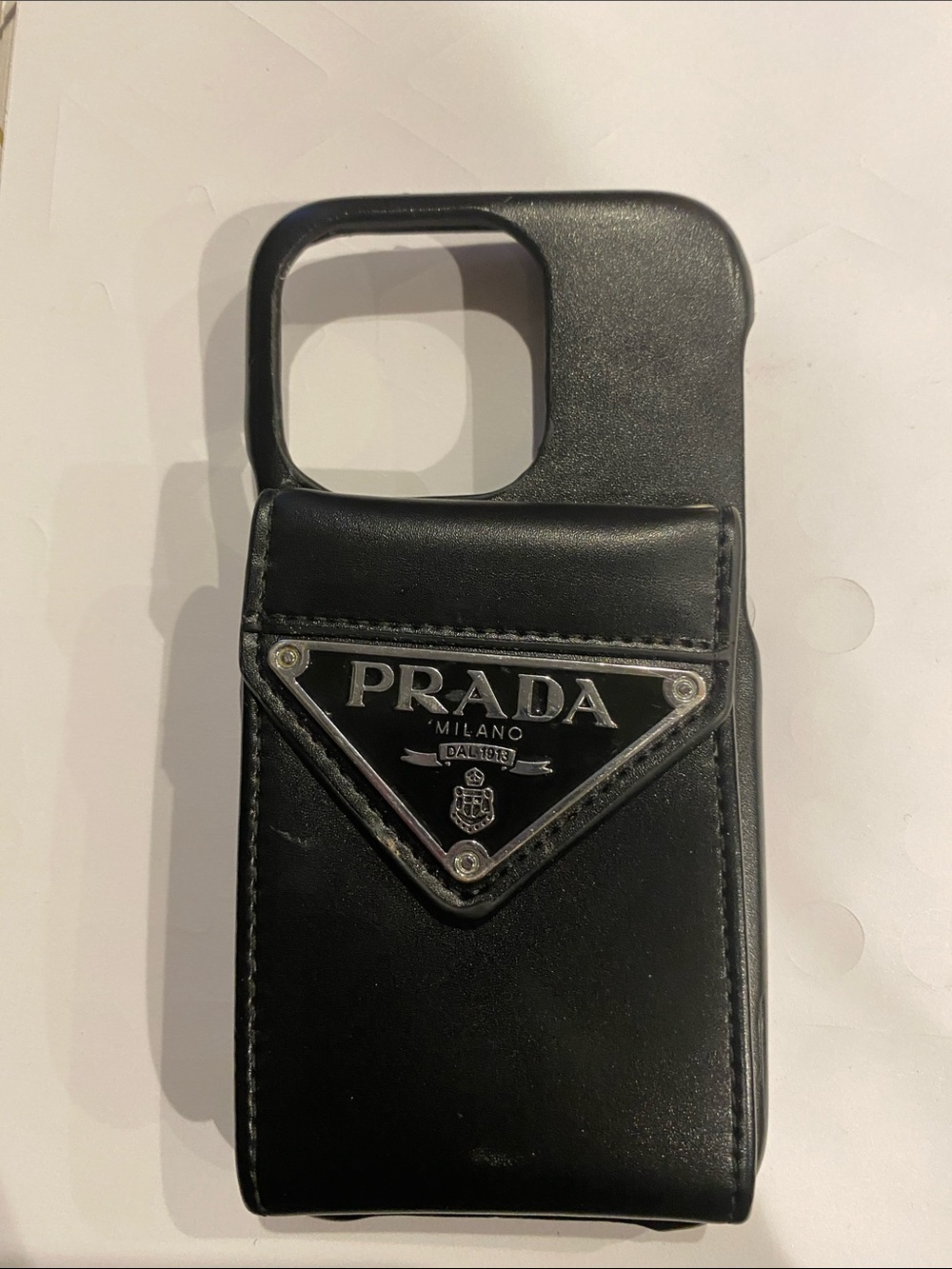 Prada Black Leather Phone Case with Silver Logo Pocket iPhone 14 Pro
